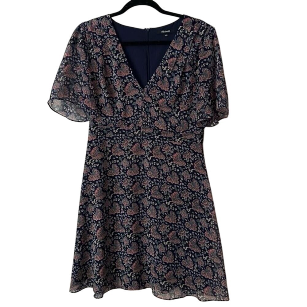 Madewell Floral Flutter Sleeve Mini Dress V-Neck Lined Party Size‎ Small